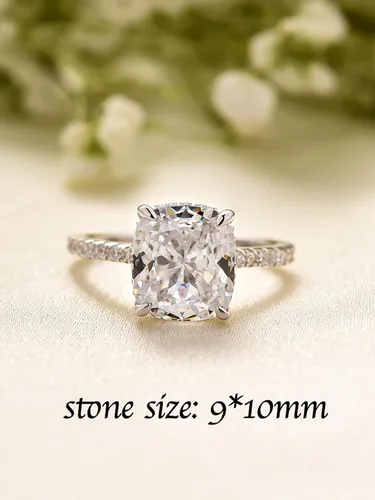 Miniatura 30 de Anillo de compromiso de corte cojín de 4 quilates para mujer, piedra blanca/amarilla grado 5A, circonita cúbica S925, plata, amarillo/blanco/oro rosa