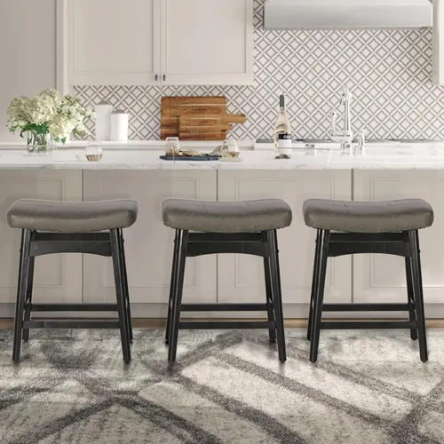 Miniatura 13 de ALPHA HOME Taburete de bar, taburete de cocina de silla de montar de madera maciza con cojín de tela de lino beige, taburete de bar de altura