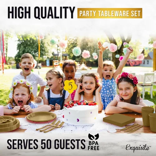 Miniatura 5 de 350 Piezas Platos de Plástico Dorados Para Fiestas, Juego de Platos Desechables Dorados, 50 de Cada Juego de Platos de Cena de 9", Plato de Postre