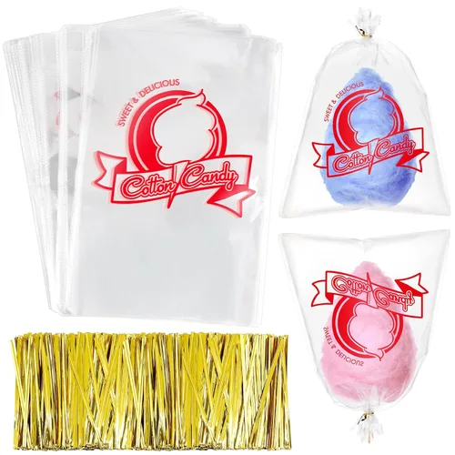 Geyee 500 bolsas de algodón de azúcar con lazos, algodón de azúcar con estampado transparente para carnaval grande para fiestas y cocina, 11.8 x