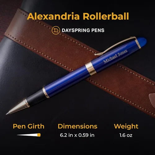 Miniatura 5 de Dayspring Pens Alexandria - Bolígrafo roller, laca azul con borde dorado, grabado personalizado, regalo de graduación, nuevo trabajo, promoción u