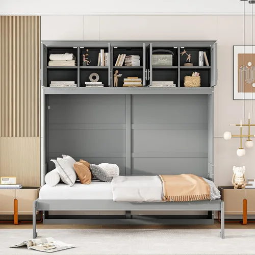 Miniatura 3 de Merax Moderno mueble Murphy con armarios superiores, plataforma de pared de madera maciza, no necesita somier, fácil de montar, color gris