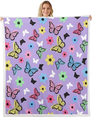 Butterfly Throw Blanket Watercolor Flower Butterfly Fleece Blanket Cartoon Floral Cozy Throws for Bed Couch Sofa, Kids Boys Girls Room Decor, Soft