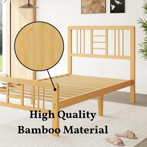 Miniatura 4 de Marco de cama de madera de bambú de 12 pulgadas con cabecero y estribo, marco de cama con soporte de listones de metal, resistente, no necesita