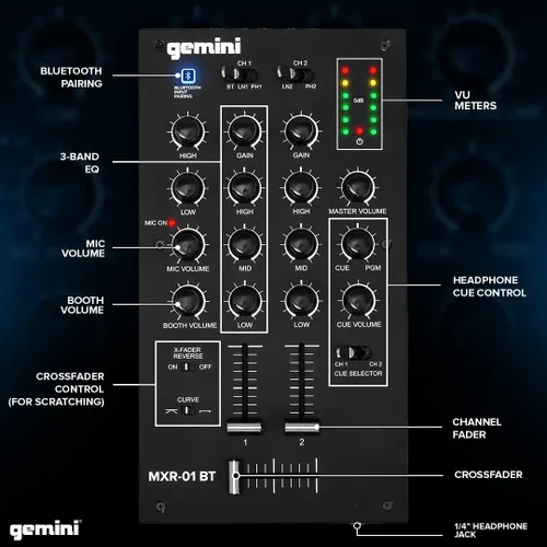 Miniatura 5 de Gemini - Mezclador de DJ de 2 canales con Bluetooth, ecualizador de micrófono, control de curva Crossfader, construcción de metal resistente