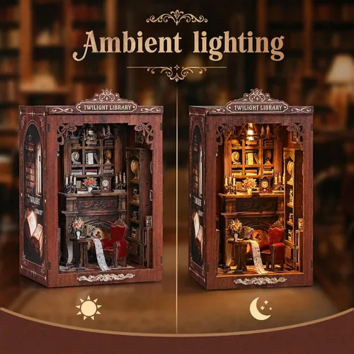Miniatura 6 de Soothee Kit de manualidades Rincón del libro con luces LED (Biblioteca del Crepúsculo) - Rompecabezas 3D para adultos y adolescentes, miniaturas