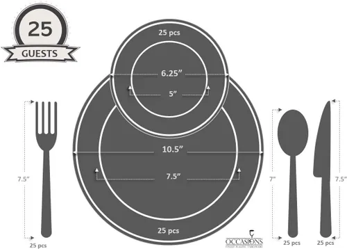 Miniatura 4 de Occasions" - Juego de 125 piezas (25 invitados) - Platos y cubiertos de plástico para boda, vajilla pesada desechable de 10.5 pulgadas, 6.25