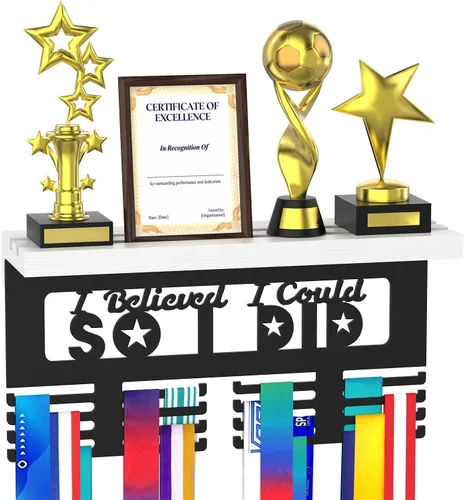 Miniatura 16 de Soporte para Medallas y Organizador de Estante para Trofeos, Soporte Robusto de Madera para Premios de Carreras con 25 Ganchos de Acero, Soporte
