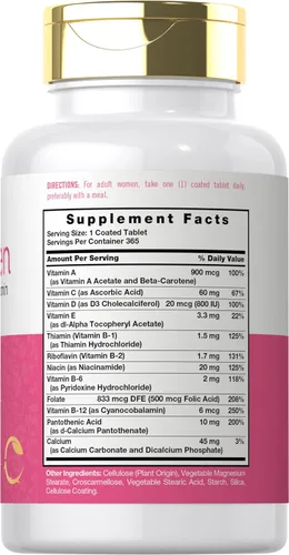 Miniatura 2 de Carlyle Multivitamínico y multimineral para mujer 365 tabletas Suplemento diario con betacaroteno, ácido fólico y vitamina D Píldoras sin OMG