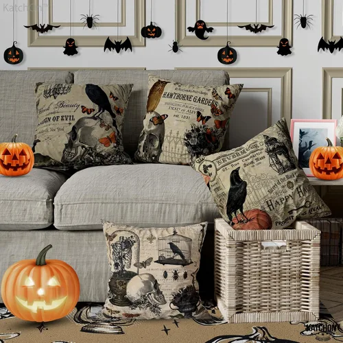 Miniatura 5 de KatchOn, Fundas de almohada vintage de Halloween de 18 x 18 pulgadas, paquete de 4 fundas de almohada de calavera Fundas de cojín de calabaza