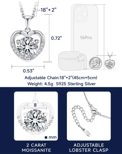 Miniatura 49 de MomentWish Collar de corazón para mujer, moissanita, diamante de imitación, plata de ley 925