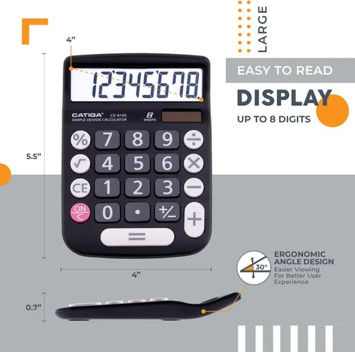Miniatura 2 de Calculadora básica: Catiga - Calculadora de oficina y estilo doméstico, educativa, adecuada para la escuela, la empresa y uso personal, Negro