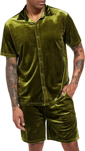 Miniatura 37 de LecGee Conjunto de pantalones cortos casuales de verano para hombre, camisa de terciopelo de manga corta con botones, pantalones cortos de cintura