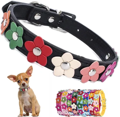 Collares negros de lujo para perros medianos, bonitos collares de piel sintética con flores coloridas y coloridas para cachorros, para perros de