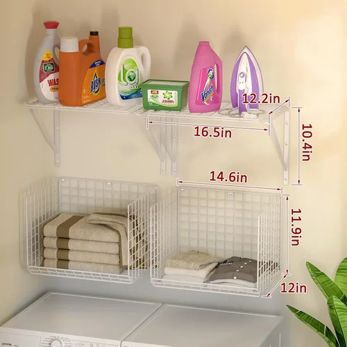 Miniatura 3 de Paquete de 2 estantes para cuarto de lavandería montados en la pared con cestas de alambre, estante sobre la lavadora y secadora con tendedero