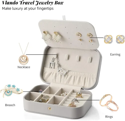 Miniatura 7 de Vlando Joyero pequeño, organizador de joyas de viaje para aretes, collar, anillo, organizador de joyas de viaje portátil de doble capa para mujeres