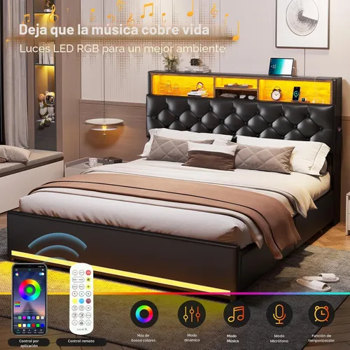 Miniatura 3 de HAUOMS Base de cama Queen con cabecera de 3 niveles y almacenamiento oculto, marco de cama LED tapizado con 4 cajones y estación de carga, marco