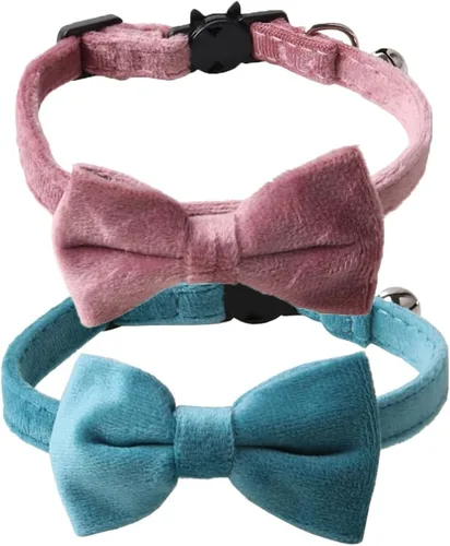 Miniatura 15 de Love Dream Collar de gato con pajarita y campanas, paquete de 2 collares de terciopelo de seguridad para gatitos con pajarita extraíble para gatos
