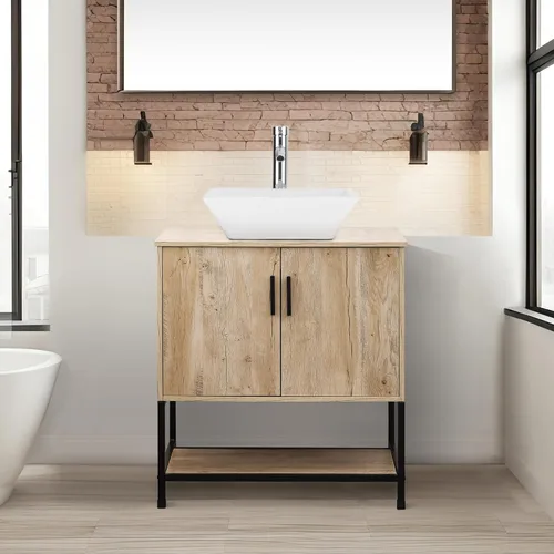 Miniatura 37 de UEV Tocador de Baño de Roble Rústico de 24" con Lavabo, Conjunto de Gabinete de Baño con Marco de Hierro Industrial con Puertas y Estante, con Combo
