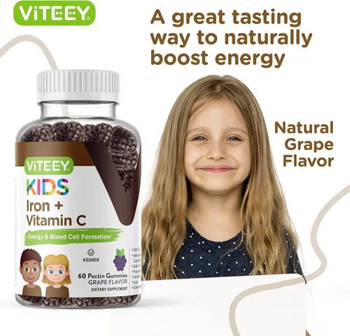 Miniatura 6 de Viteey - Hierro para niños con vitamina C, sabrosa gomita masticable con sabor a uva Supports Energy, Blood Cell Formulation, Blood Builder Anemia