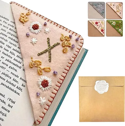 Miniatura 51 de Marcapáginas de esquina bordado a mano personalizado, 26 letras con costura a mano de fieltro, marcapáginas de esquina con bordado de flores lindo