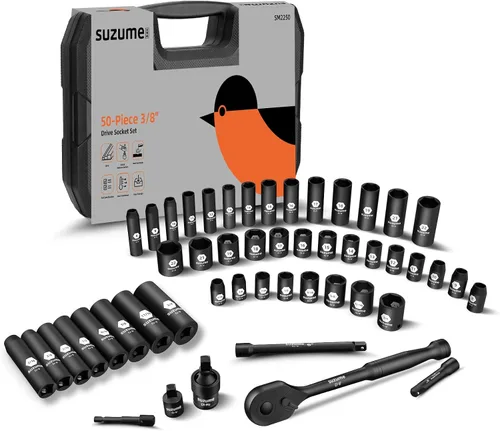 SUZUME Juego de llaves de impacto de 3/8, acero Cr-V, 6 puntas, accionamiento de 3/8", 50 piezas métricas estándar (8-22mm) y SAE (5/16-pulgadas a