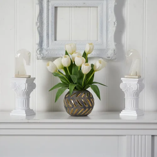 Miniatura 4 de Nearly Natural Arreglo artificial de tulipanes en jarrón decorativo Blanco