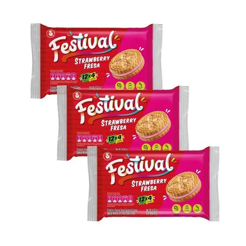 Festival Galletas de fresa | Galletas sándwich de fresa crema | Tintes naturales y bajo en sodio | Alto contenido de crema | 14.6 onzas (paquete de