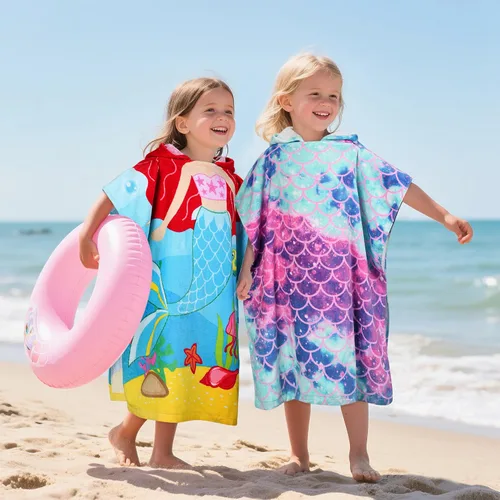 Miniatura 2 de Tirrinia Toalla de poncho de sirena para niños, toallas con capucha para niñas de 2 a 7 años, regalo de 24 x 52 pulgadas, 100% algodón