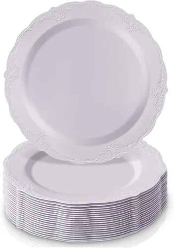 Miniatura 13 de Juego de vajilla desechable, 20 platos de pastel (vintage, crema, 9 pulgadas)