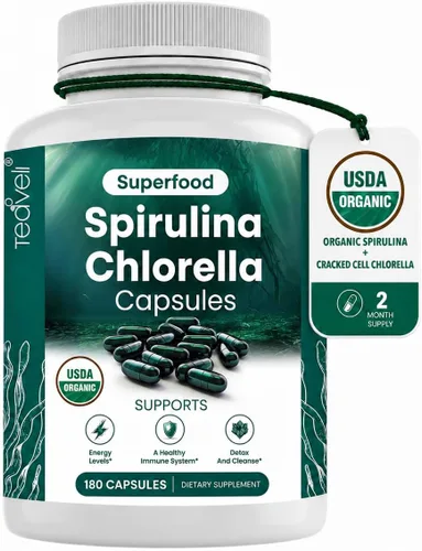 Teaveli Cápsulas orgánicas de espirulina y clorella, 180 pastillas de clorofila, cápsulas de polvo de algas verdes azules para apoyar la