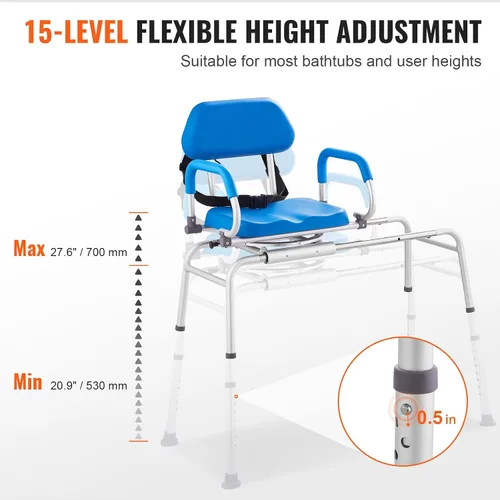 Miniatura 5 de VEVOR Banco deslizante de transferencia de bañera con asiento giratorio de 360 grados, silla de ducha deslizante con reposabrazos pivotantes