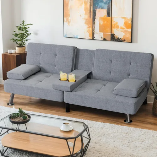 Miniatura 9 de Shahoo - Sofá moderno tapizado, futón convertible plegable con reposabrazos removibles, patas de metal, 2 portavasos para sala de estar, beige