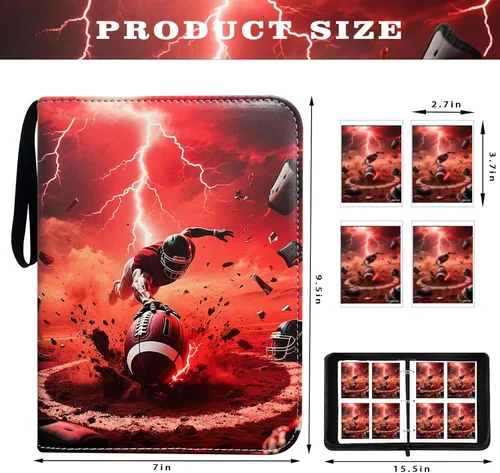 Miniatura 2 de Carpeta de tarjetas de fútbol con 400 bolsillos, álbum de tarjetas intercambiables impermeable con 50 fundas extraíbles, 3 anillos con cremallera