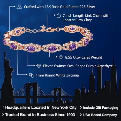 Miniatura 18 de Gem Stone King 18K Rose Gold Plated Silver Oval Gemstone Birthstone Tennis Bracelet For Women Oval 6X4MM 7 Inch With 1 Inch Extender Fine