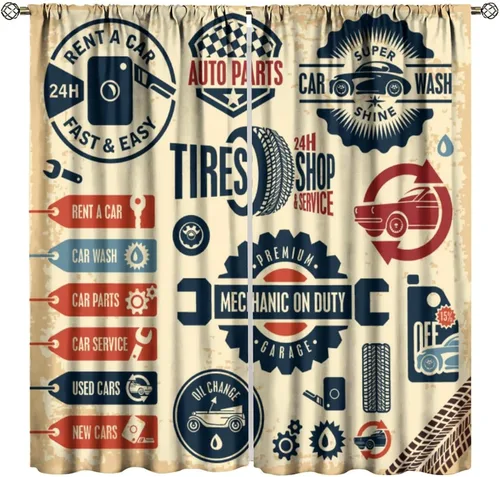 Car Blackout Curtains, Retro American Truck Poster Garage Antique Rural Pattern Window Drapes, for Bedroom Living Room 42" W X 45" L Estilo-16