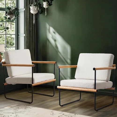 Miniatura 5 de Silla decorativa de tela Boucle de 29 pulgadas para dormitorio, sillón moderno para sala de estar, sillón de lectura tapizado con brazos de metal