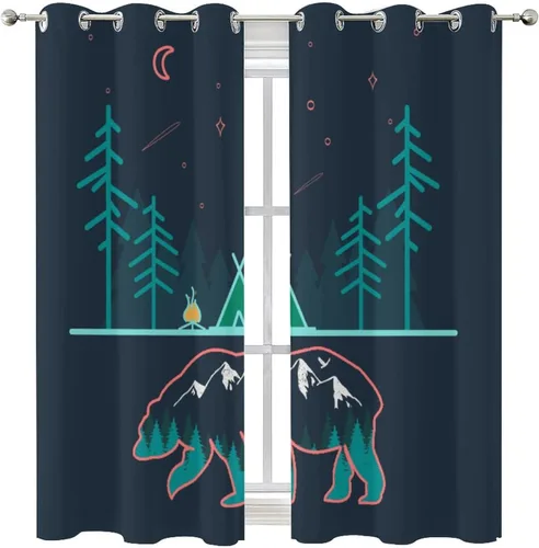 Miniatura 8 de Cortinas abstractas con estampado de cámper de caricaturas, divertido tema de aventura, campamento, montañas, vida silvestre, oso, tratamiento