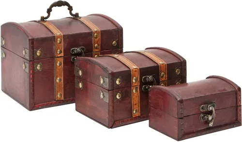 Juvale Cajas de almacenamiento del cofre del tesoro, madera marrón oscuro, estilo antiguo, juego de 3 - Decoración de cofre pirata y caja del tesoro