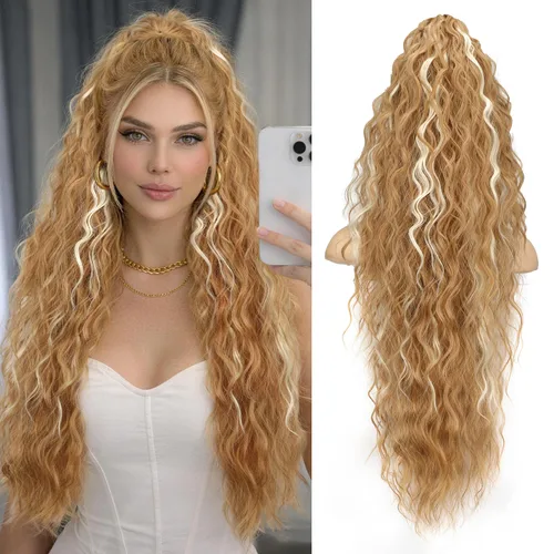 Miniatura 74 de ORSUNCER Extensión de cola de caballo de 18" con pinza rizada, cola de caballo esponjosa, extensiones de pelo sintético de aspecto natural para mujer
