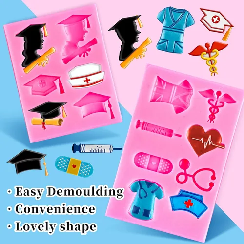 Miniatura 3 de Whaline Paquete de 2 moldes de silicona para fondant con temática de graduación de enfermera, equipo médico, equipo médico, molde de caramelo, molde