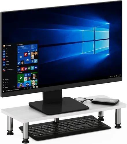 Furinno Turn-N-Tube - Soporte elevador para monitor, roble blanco, tubos de acero inoxidable