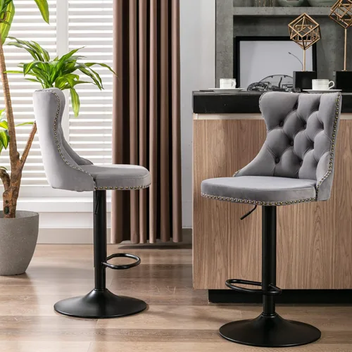 Miniatura 10 de Taburetes de bar giratorios de terciopelo ajustables para asiento de 25 a 33 pulgadas, modernos taburetes de bar tapizados con base cromada