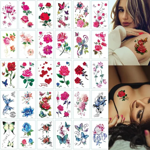 30 hojas de tatuajes temporales de flores para mujeres y niñas, mariposa falsa de colores de rosas, calcomanías impermeables para cuerpo, brazo,
