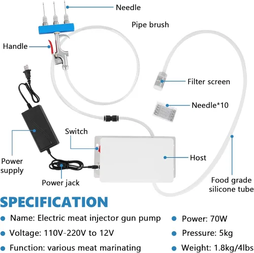 Miniatura 2 de Bomba eléctrica de inyección de carne con manguera, inyector eléctrico de marinada de acero inoxidable, jeringa de carne de 50 W, pistola individual