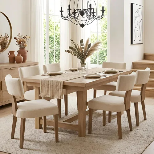 HNY Juego de 6 sillas de comedor de estilo de mediados de siglo, con tapizado en tela de lino de estilo granja, respaldo curvo, para cocina, con