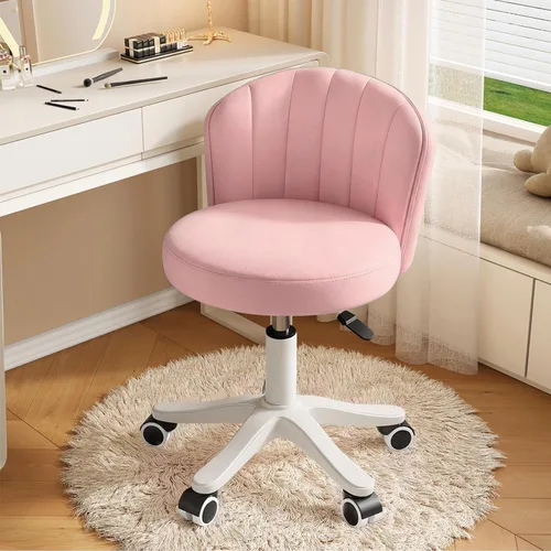 Silla Pequeña Redonda de Escritorio con Ruedas Sin Brazos Cómoda Silla de Tocador para Computadora con Respaldo Bajo de Cuero PU Altura Ajustable