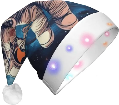 Astronauta Planet Print Christmas Hat With Led Lights Novelty Plush Santa Hat Xmas Holiday Hat For Adults Holiday Party Gifts