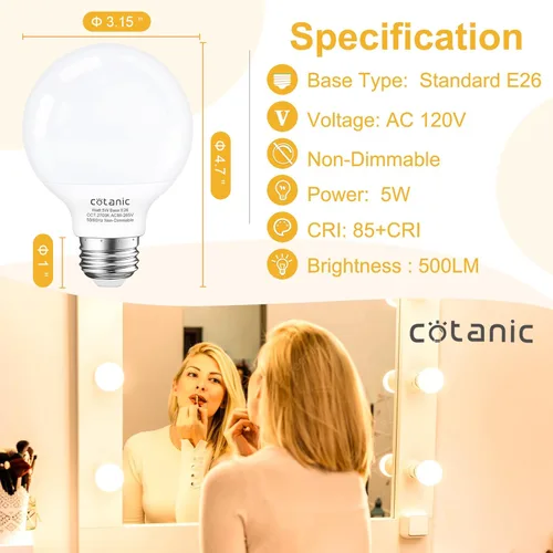 Miniatura 2 de Cotanic foco LED G25 para tocador 2700K blanco cálido, focos esféricos para espejo de baño 500LM, base E26 roscada 5W 60W equivalente a