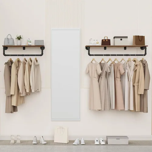 Miniatura 2 de Perchero Industrial de Tubería, Perchero de Ropa de Hierro Resistente Montado en Pared para Colgar Ropa, Estante con Barra para Colgar